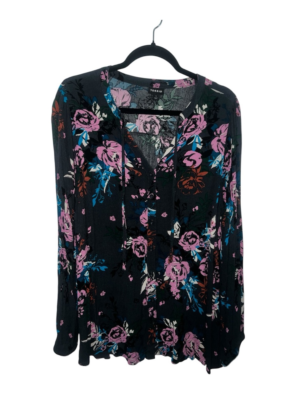 torrid Black Floral Tie-Front Blouse with Lace Detail - Pink & Blue Flowers